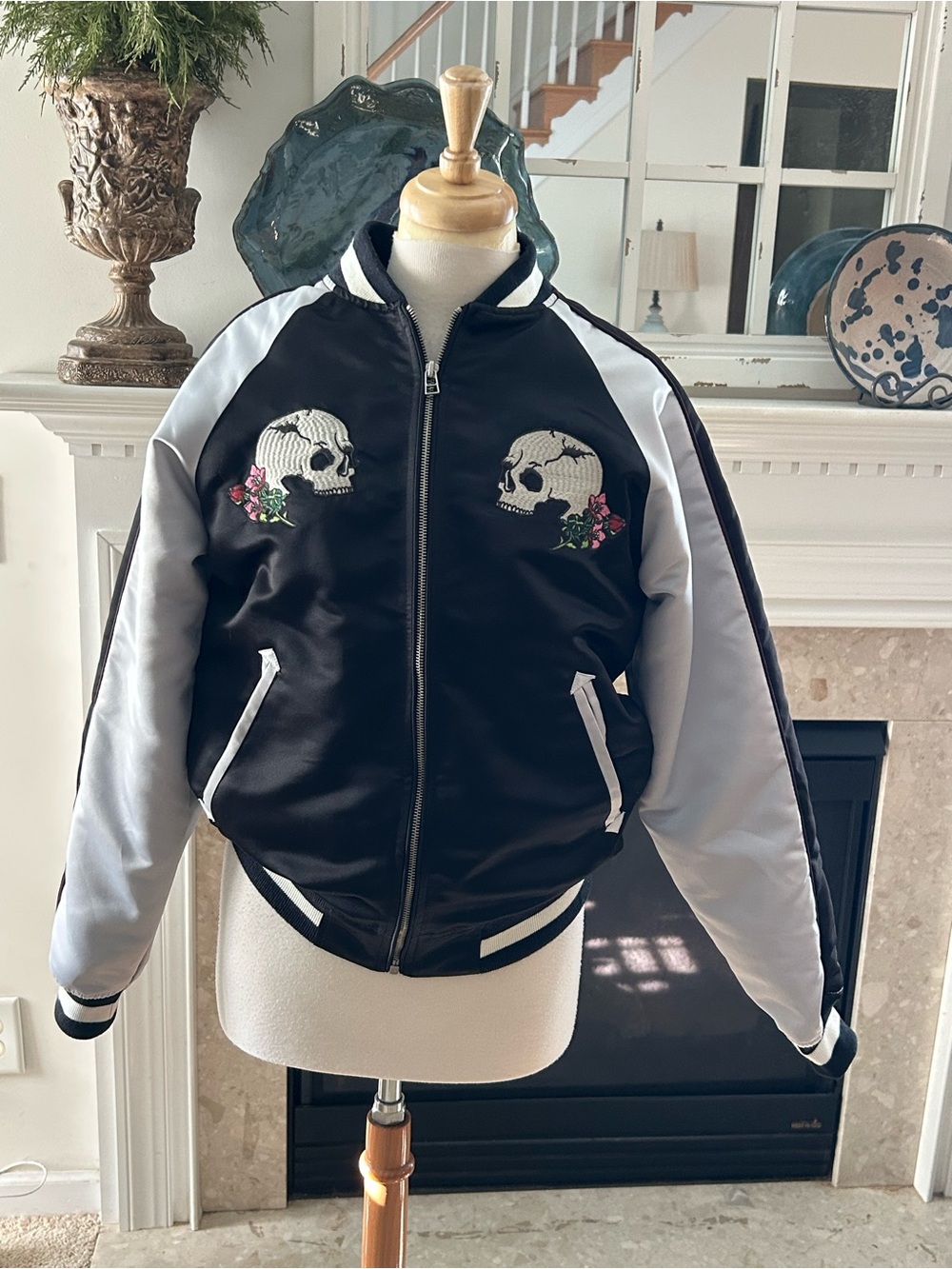 Urban Outfitters UO Black and White Bomber Jacket with Skull Embroidery